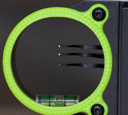 3 pins with differing sizes on a bow sight 